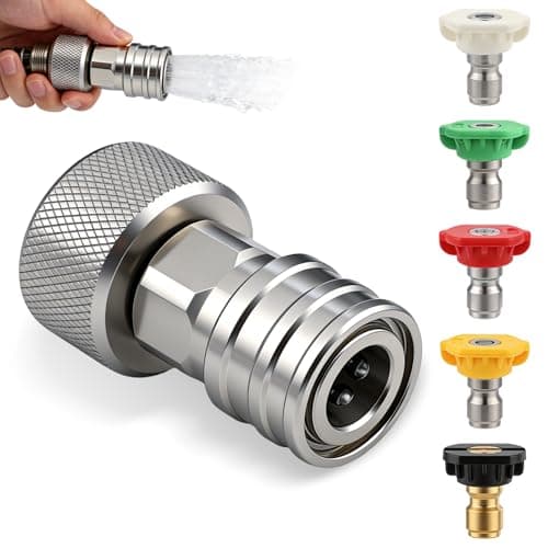 Garden Hose to Mini Power Washer Adapter-3/4 GHT to 1/4", Stainless Steel, Garden Hose Pressure Washer Attachment, Convert Water Hose to Power Washer Connector (Connector +5 Nozzle Set)