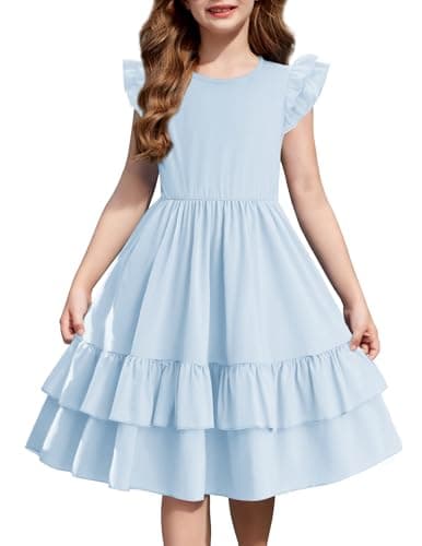 Arshiner Girl's Summer Dress Flutter Sleeve Tiered Beach Sundress Blue Dresses with Pockets for 11-12 Years