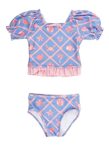 RuffleButts Baby/Toddler Girls UPF50+ Puff Sleeve Ruffle Tankini 2-Piece Swimsuit - Tropical Trellis, 6-12m