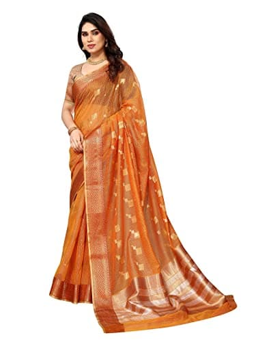 Sidhidata Women's Kota Doria Cotton Manipuri Jacquard Boarder Saree With Unstitched Blouse Piece (Box Butta Orange_Orange_Free Size)