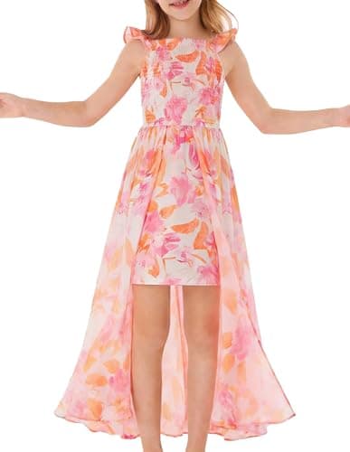 GRACE KARIN Orange Dress for Girls Spring Summer Floral Maxi Party Dresses Tie Back Size 5-6