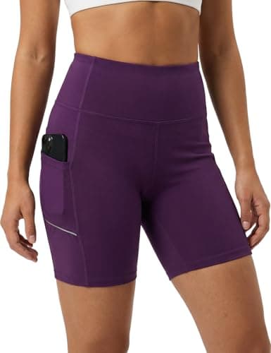 Biker Shorts for Women Tummy Control with Pockets, 4-Way Stretch Spandex Shorts, No See Through Yoga Running Gym Shorts (US, Alpha, Small, Regular, Regular, Purple)