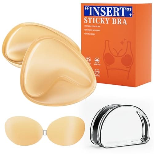 JCOHL Double Sided Adhesive Bra Inserts - Breathable Memory Foam Push Up Pads for Swimsuits & Sports Bras + with Pair of Reusable Silicone Sticky Bra for Backless Dresses (Medium, Beige)