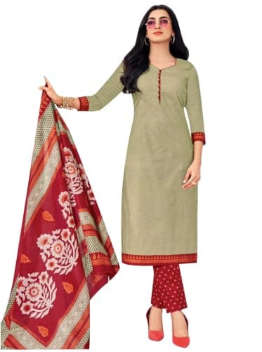 ladyline Womens 100% Cotton Jaipuri Printed Salwar Kameez Suit – Ethnic Kurta, Pants & Mal Dupatta Set | Indian Punjabi Dress (CPSK DTCG) (46/ Mahendi Green)