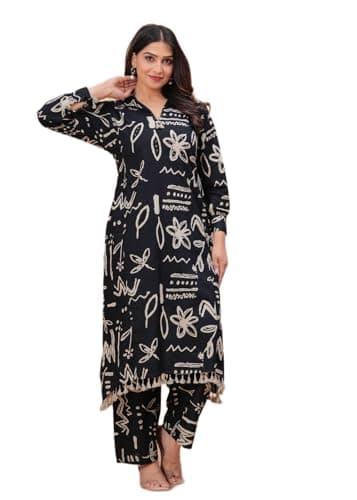 Women's Cord Set Floral Print Long Kurti Dress, Traditional Indian Style, Full Length Sleeves with Tassel Details (US, Alpha, XX-Large, Regular, Regular, Black/Creame)