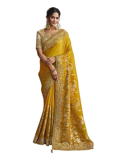 TRENDMALLS Women's Jacquard Silk Embroidery Saree with Unstitched Blouse Piece (K1178-Yellow)