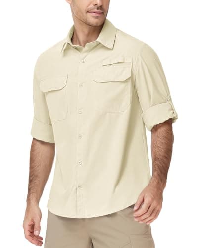 Runhit Men's Long Sleeve Sun Protection Shirt Breathable UPF 50+ Button Down Fishing Shirts for Hiking Work Outdoor Light Khaki M