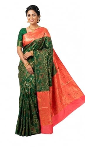 KAMLA CREATION Women's Kanjivaram Soft Silk Saree With Unstitched Blouse Piece 5.5 Metres (Green and pink)