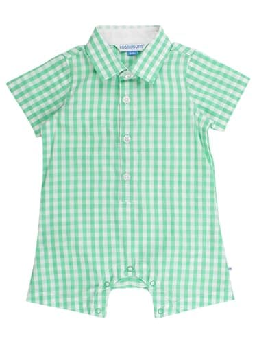 RUGGEDBUTTS Baby Boys Woven Short Sleeve Button-Up Romper - Classic Spring Bud Gingham, 3-6m