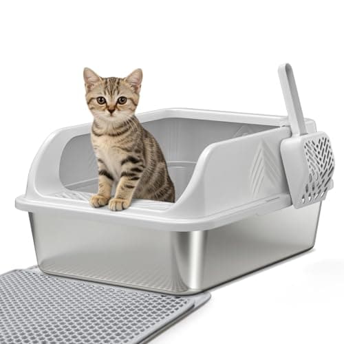 Stainless Steel Litter Box with Lid, Enclosed Metal Cat Litter Box with Built-in Carry Handle & 120° Flip-Top (Silver Gray, Small)