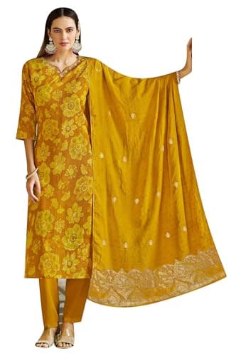 ladyline Women Korean Silk Printed Hand Work Salwar Kameez | Digital Print Kurta with Pants & Jamawaram Dupatta | Ethnic Indian Dress (SPESK RAPR) (38/ Gold)