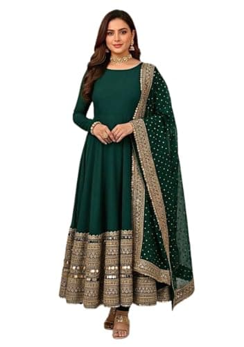 Indya Green Embroidered Silk Blended Anarkali Set for Festive | Long Sleeve | Crew Neck | Indian Ethnic Wear