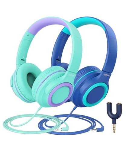 iClever 2Pack Kids Headphones with Sharing Splitter - 85dBA Safe Volume Limited - HS22 Wired Headphones for Kids Teens, Tangle-Free 3.5mm Jack Foldable Stereo for School/Tablet/Travel