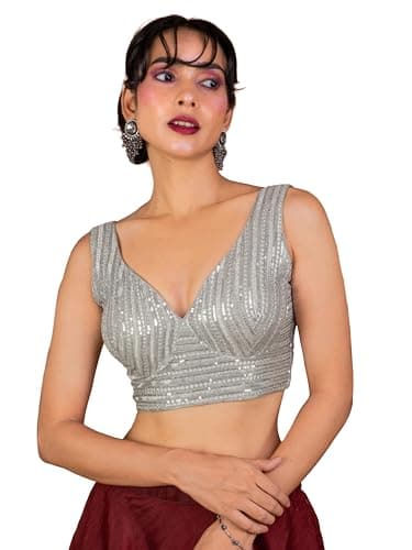 FIGURE'S DESIGNER Women's Sequin Embroidered SabyaSachi Cut Sweetheart V Neck Sleeveless Readymade Saree Blouse E30 Silver
