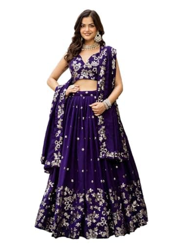 Indya Purple Multi Sequence Embroidery Work Silk Blend Lehenga Choli for Wedding | Sleeveless | V-Neck | Indian Ethnic Wear