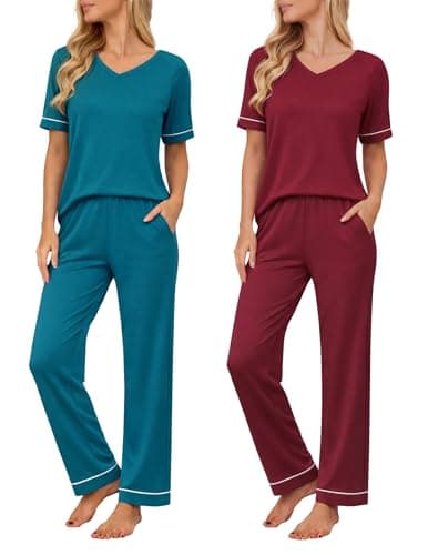 Ekouaer Womens Pajama Set Short Sleeve Pajamas Top and Pants V Neck Pjs Set Soft Loungewear with Pockets