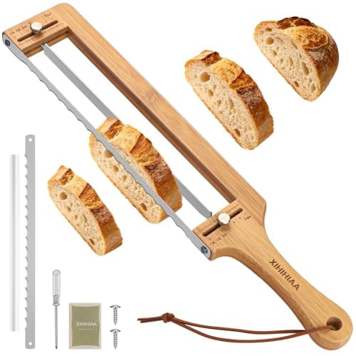 Adjustable Bread Knife for Homemade Bread Sourdough, 304 Stainless Steel Bread Slicer with Precision Slicing Guide, Bamboo Handle Bow Bread Knife with Extra Blade, Manual Bread Cutter Gift for Bakers