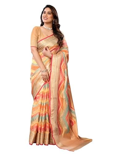 Sidhidata Women's Organza Golden Zari Jacquard Boarder & Pallu ZigZag Saree With Unstitched Blouse Piece (Maharani Chikoo)