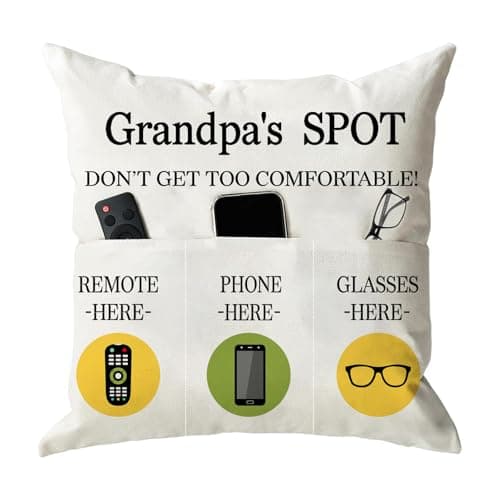 ONFAON Grandpa Gifts,Grandpa's Spot Throw Pillow Covers 18x18 Inch,Put Phone Glasses and Remote Control Pillowcase,Birthday Christmas Thanksgiving Day Gifts for Grandpa Stepdad,3-Pocket