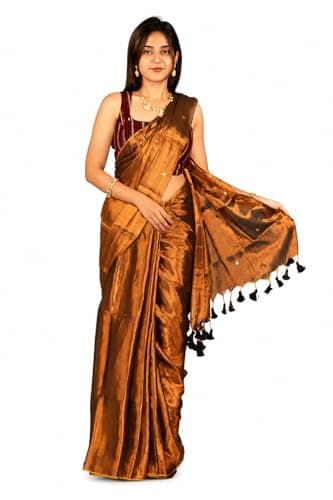 Women’s Raga Tissue Saree with Beads Work | Elegant Ethnic Saree with Unstitched Blouse Piece (Brown)