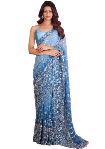 Indya Blue Solid Georgette Saree Set | Perfect for Party Wear