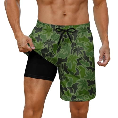 Cozople Mens 7 Inch Swim Trunks Palm Tree Camo Swimming Trunks with Compression Liner Tropical Style Quick-Dry Board Shorts XL