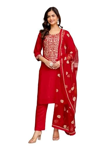 TRENDMALLS Women's Chanderi Silk Embroidery Sequence Work Kurta Pant with Dupatta Set (G326-Red-M)