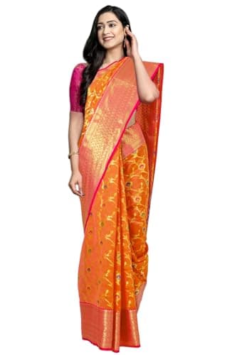 Chandrakala Sarees for Women Cotton Silk Blend Meenakari Indian Traditional Sari with Unstitched Blousepiece, Orange (1419ORA)