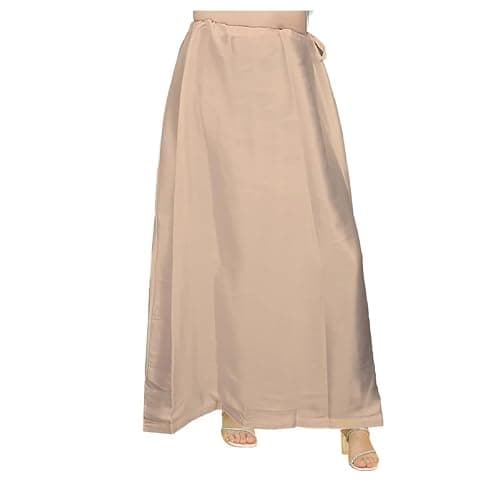 EDZZEL Women's Satin Silk Full Petticoat Saree Underskirt Inskirt Adjustable Drawstring Waist Solid Color (Beige)