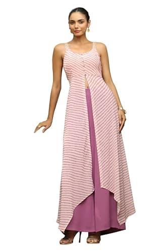 Janasya Indian Women's Georgette Peach Stripes Print Casual Wear Kurta Set for Women