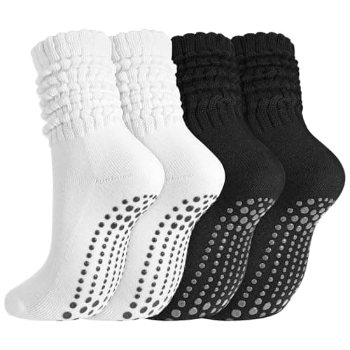 scenicamp Pilates Socks with Grips for Women 2 Pairs, Cotton Blend Non-Slip Yoga Sock wtih Silicone Grips & Arch Support, Slouch Socks for Yoga, Barre, Reformer Workouts(Black+White)