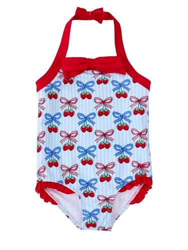 RuffleButts Girls UPF50+ Sun Protected Halter One Piece Swimsuit - Berries & Bows, 2T