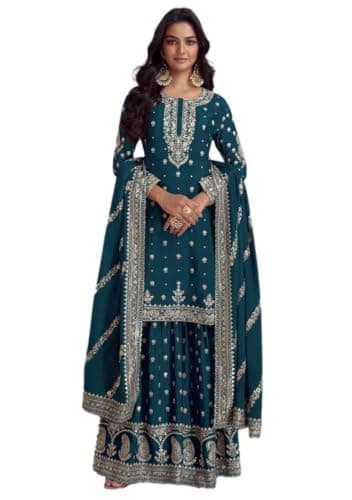 Indya Teal Blue Embroidered Silk Blended Sharara Set | Perfect for Wedding | Full Sleeve