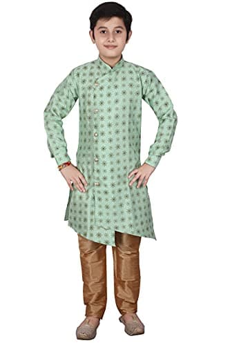 Pro-Ethic Style Developer Kids Ethnic Indian Silk Floral Printed Kurta Sets For Boys| Pack Of 1 (L Green, 13-14 Years)