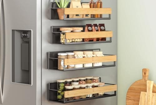SONGMICS Magnetic Bamboo Spice Rack for Refrigerator, 4 Pack, 2 Large and 2 Small Kitchen Magnetic Shelves for Washing Machine, Spice Organizers, No Drilling Needed, Ink Black UKCS062BH01