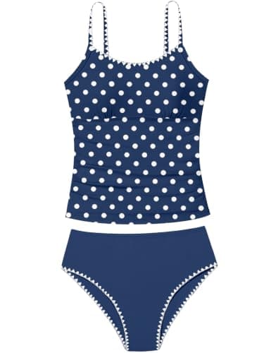 TyeSmo Girls Swimsuit Size 8 Solid Color Tankini Two Piece Contrast Trim Tween Bathing Suits Girls Swimsuit Size 10 Girl Bathing Suit Padded Swimwear Polka Dots