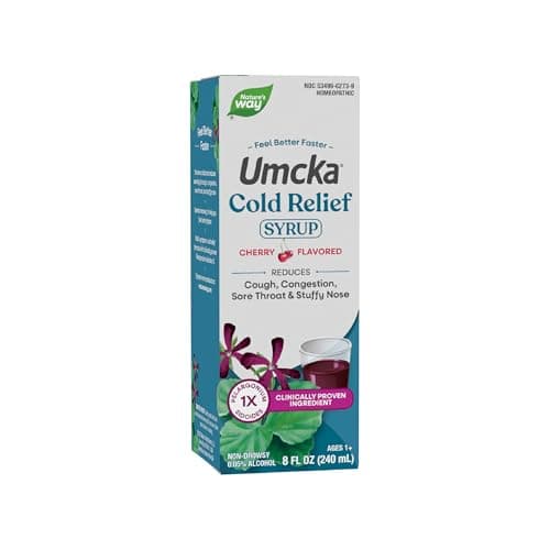 Nature's Way Umcka Cold Relief Syrup, Shortens Duration & Reduces Severity, Multi-Symptom Cold Relief, Homeopathic, Phenylephrine Free, Non-Drowsy, Cherry Flavored, 8 Fl Oz (Packaging May Vary)