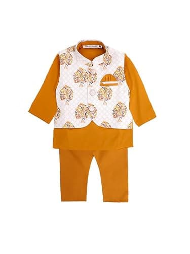 Superminis Boys Solid Color Kurta Pyjama With Printed Fancy White Base Jacket (Mustard, 3-4 Years)