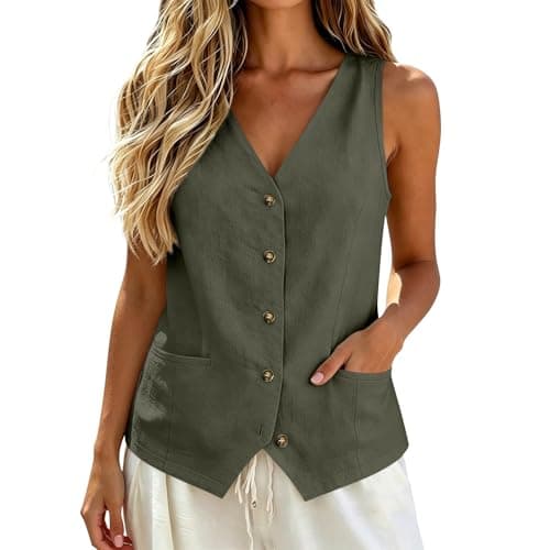 Linen Vest Women Womens Vest Top Cotton Linen Button Down Sleeveless Shirts 100% Cotton Tank Tops For Women Business Casual Tank Tops Summer Fashion 2026 Blouses Gauze Shirts Clothes With Pockets