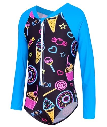 uideazone UPF 50+ Toddler Girls One-Piece Summer Sun Protection Sunsuit Zippered Swimsuit 6-7 Years Neon Doughnut Ice Cream Swimwear Rashguard Long Sleeve Bathing Suits