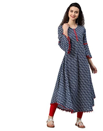 Yash Gallery Women's Cambric Cotton Printed Bell Sleeve A-Line Kurti (Indigo Blue)