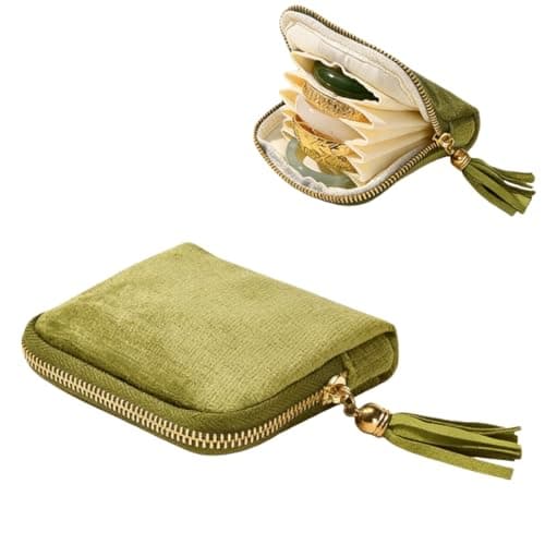 Travel Jewelry Case, Small Velvet Pouch Bag with Zipper and Tassel, 6 Compartment Storage for Earrings Necklaces Rings Bracelets (green)