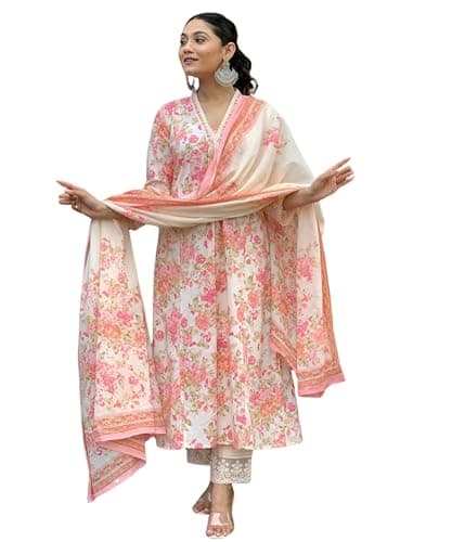 Cotton Anarkali Indian Kurti For Women Summer Dress Kurta Pant With Dupatta Set (White, Large)
