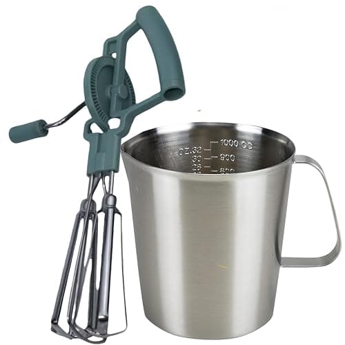 Rotary Hand Crank Egg Beater with Stainless Steel Measuring Pitcher Combo Set, Double Head Manual Whisk Whipping with 4-Cup Jug for Cooking, Baking, Latte Art