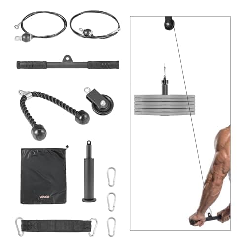 VEVOR Pulley System, 1 PC LAT and Lift Pulley System, Gym Rack Pulleys Attachment with Two Steel Cables, Short Bar, Dual Grip Handles, Cable Machine for Bicep, Shoulder, Back, Up to 280 lbs Capacity