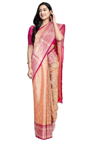 Chandrakala Sarees for Women Cotton Silk Blend Tanchui Jaal Indian Traditional Sari with Unstitched Blousepiece, Peach (1422PEA)