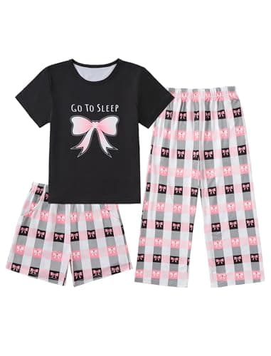 Mikrdoo Girls Pajamas 3Piece Summer Soft PJs for Kdis Comfortable Sleepwear for Lounging and Bedtime, Black Bowknot, 10Years
