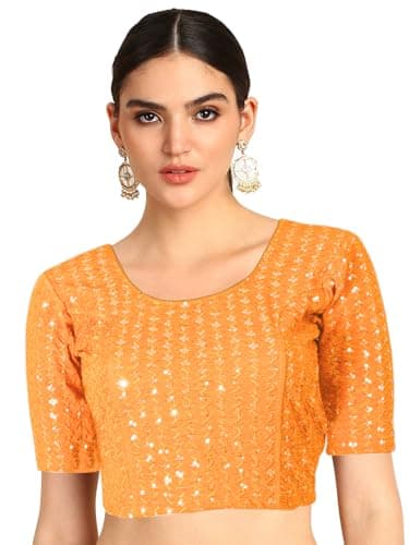 Chandrakala Stretchable Blouses for Women Sarees,Readymade,Yellow Sequence, Large-X Large (B231YEL5)