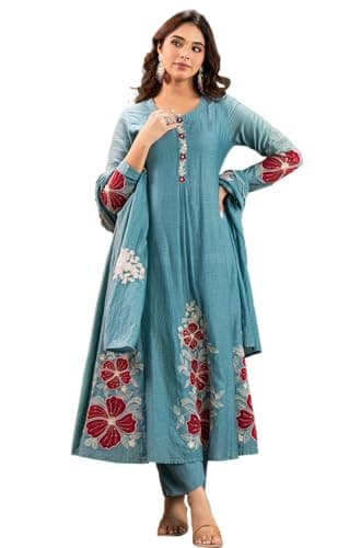 The Red Lion Enterprise Stylish Women’s Embroidered Chanderi Kurti Set with Dupatta Festival Wedding Look (US, Alpha, X-Large, Regular, Regular, Blue)