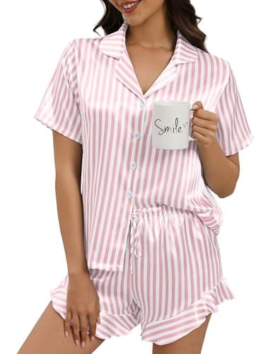 SHEFOTY Silk Pajamas for Women Button Down 2 Piece Satin Pjs Shorts Set Ruffle Notch Collar Sleepwear Loungewear